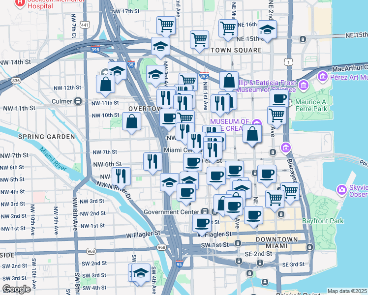 map of restaurants, bars, coffee shops, grocery stores, and more near 249 Northwest 6 Street in Miami
