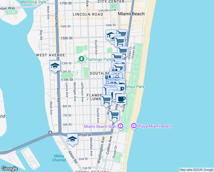 map of restaurants, bars, coffee shops, grocery stores, and more near 956 Washington Avenue in Miami Beach