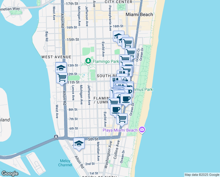 map of restaurants, bars, coffee shops, grocery stores, and more near 950 Pennsylvania Avenue in Miami Beach