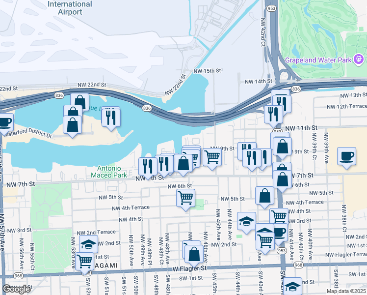 map of restaurants, bars, coffee shops, grocery stores, and more near 4709 Northwest 7th Street in Miami