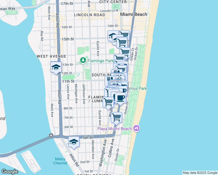 map of restaurants, bars, coffee shops, grocery stores, and more near 1005 Pennsylvania Avenue in Miami Beach