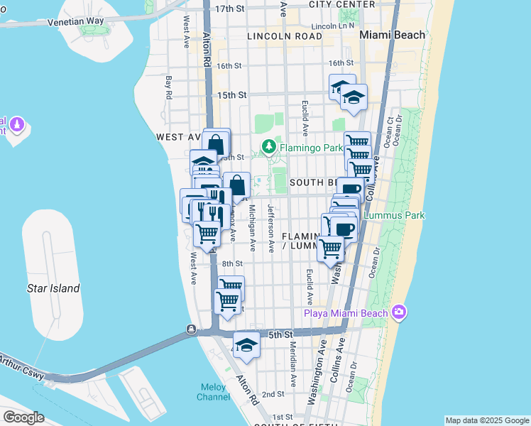 map of restaurants, bars, coffee shops, grocery stores, and more near 960 Jefferson Avenue in Miami Beach