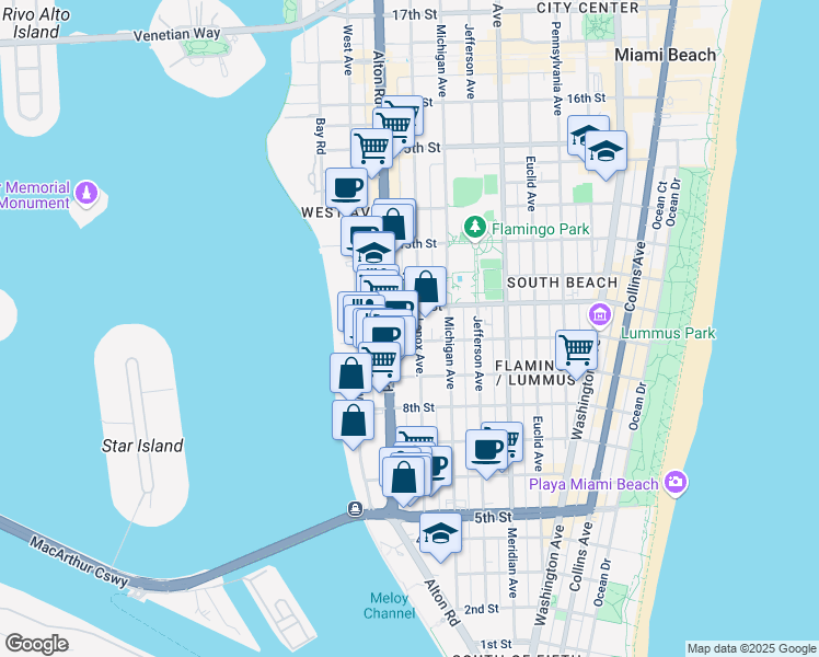 map of restaurants, bars, coffee shops, grocery stores, and more near 1011 Alton Road in Miami Beach
