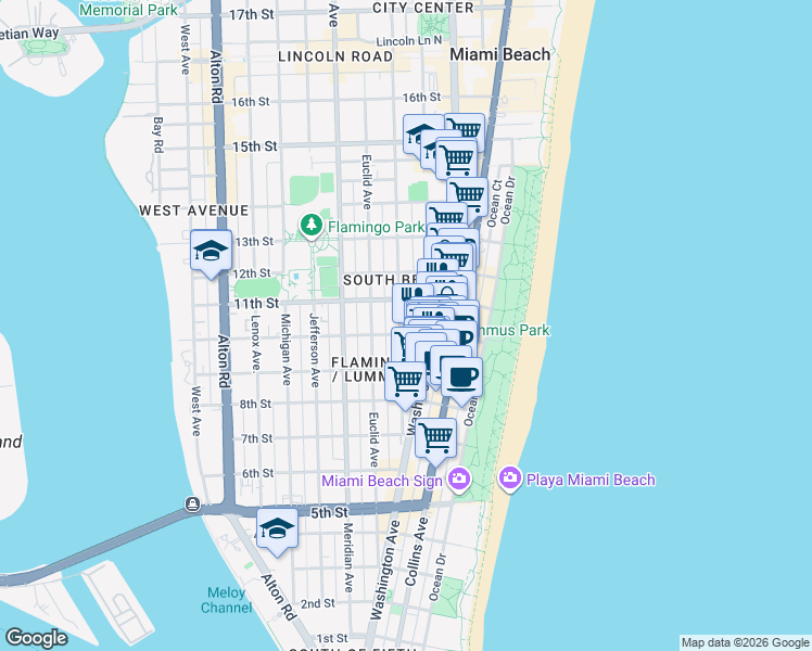 map of restaurants, bars, coffee shops, grocery stores, and more near 956 Washington Avenue in Miami Beach