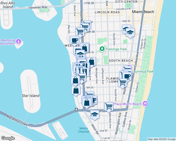 map of restaurants, bars, coffee shops, grocery stores, and more near 1011 Alton Road in Miami Beach