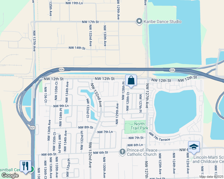 map of restaurants, bars, coffee shops, grocery stores, and more near 1044 Northwest 129th Court in Miami