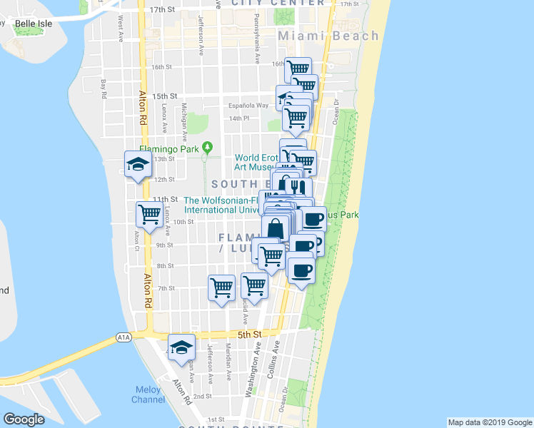 map of restaurants, bars, coffee shops, grocery stores, and more near 956 Washington Avenue in Miami Beach