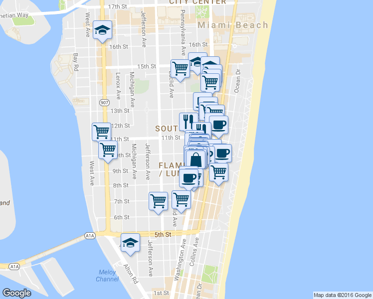 map of restaurants, bars, coffee shops, grocery stores, and more near 950 Pennsylvania Avenue in Miami Beach