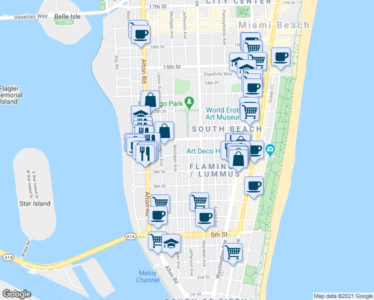 map of restaurants, bars, coffee shops, grocery stores, and more near 960 Jefferson Avenue in Miami Beach