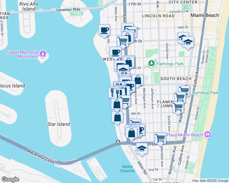 map of restaurants, bars, coffee shops, grocery stores, and more near 999 West Avenue in Miami Beach