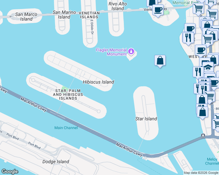 map of restaurants, bars, coffee shops, grocery stores, and more near 6 South Hibiscus Drive in Miami Beach