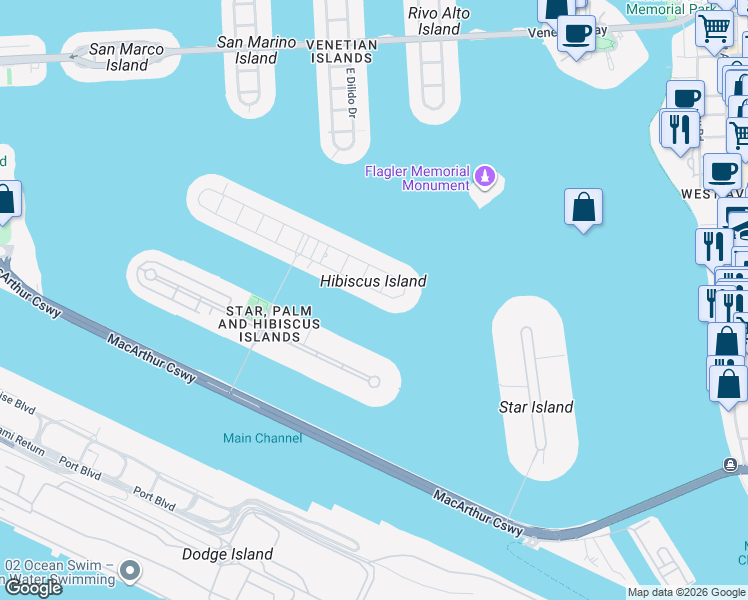map of restaurants, bars, coffee shops, grocery stores, and more near 38 South Hibiscus Drive in Miami Beach