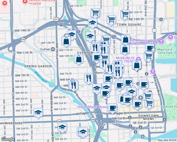 map of restaurants, bars, coffee shops, grocery stores, and more near 342 Northwest 7th Street in Miami