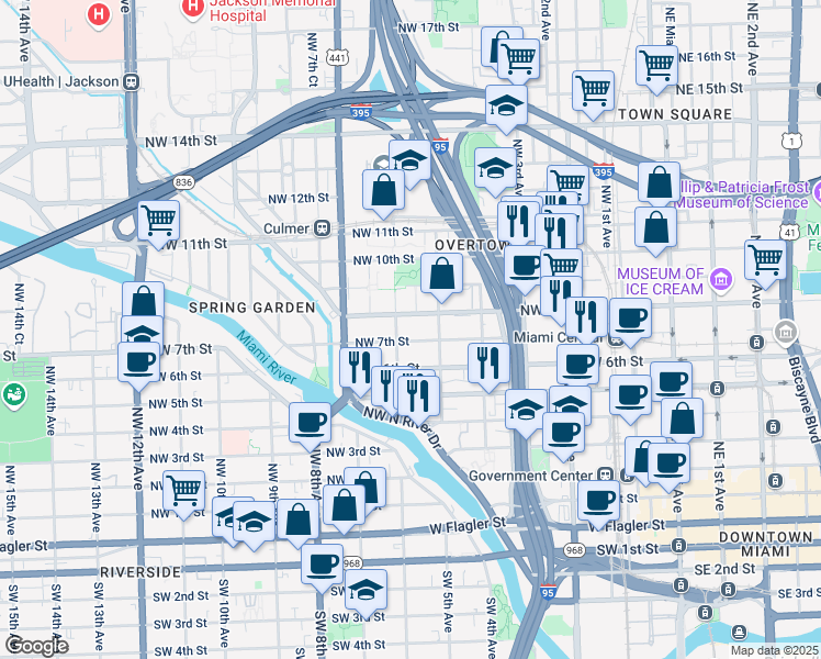 map of restaurants, bars, coffee shops, grocery stores, and more near 540 Northwest 7th Street in Miami