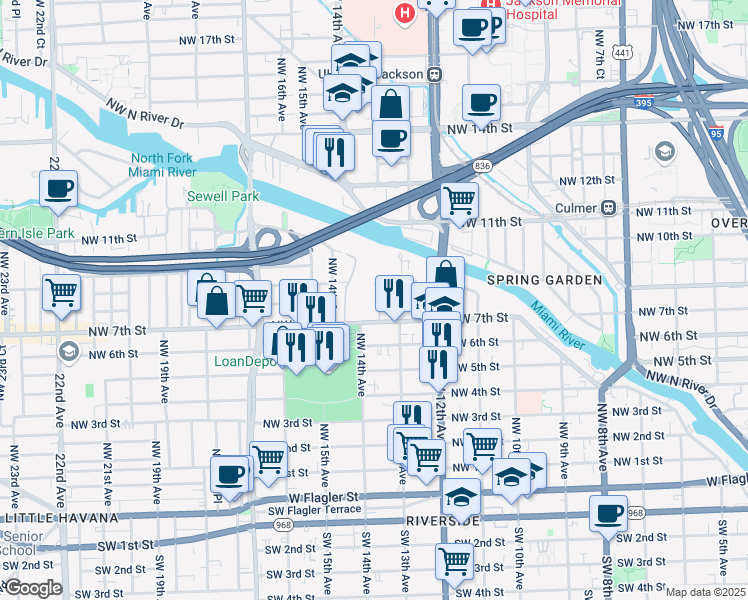 map of restaurants, bars, coffee shops, grocery stores, and more near 1301 Northwest 7th Street in Miami