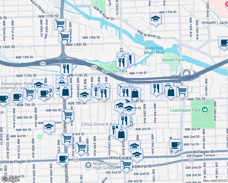 map of restaurants, bars, coffee shops, grocery stores, and more near 747 Northwest 22nd Court in Miami