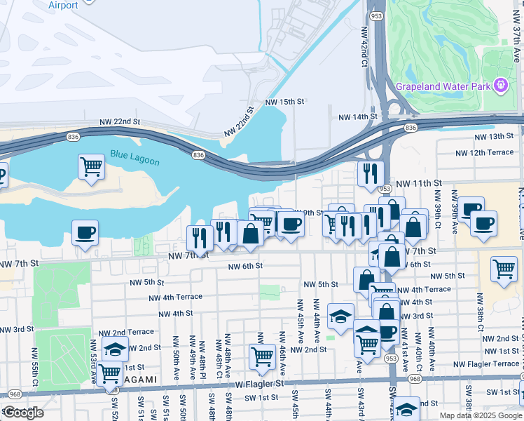 map of restaurants, bars, coffee shops, grocery stores, and more near 4550 Northwest 9th Street in Miami