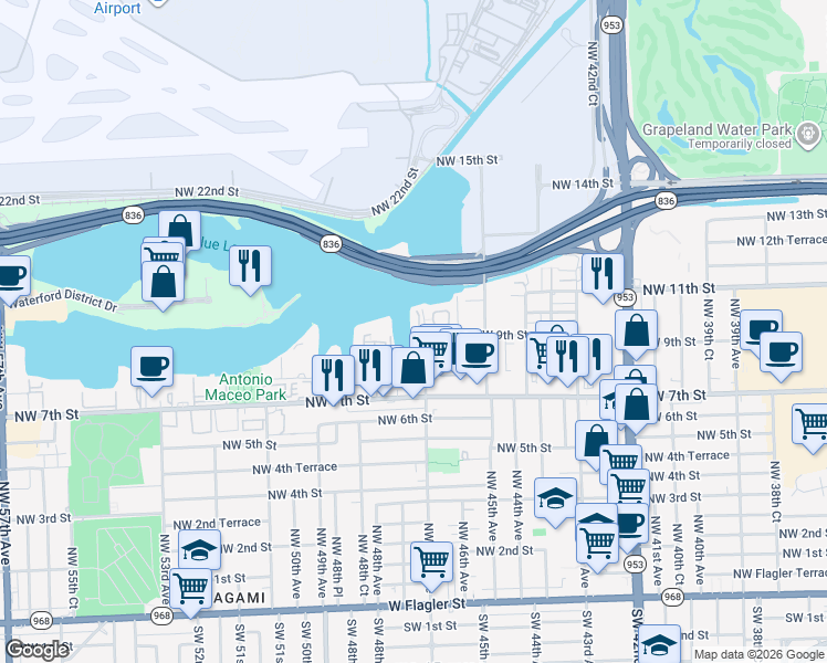 map of restaurants, bars, coffee shops, grocery stores, and more near 4709 Northwest 7th Street in Miami