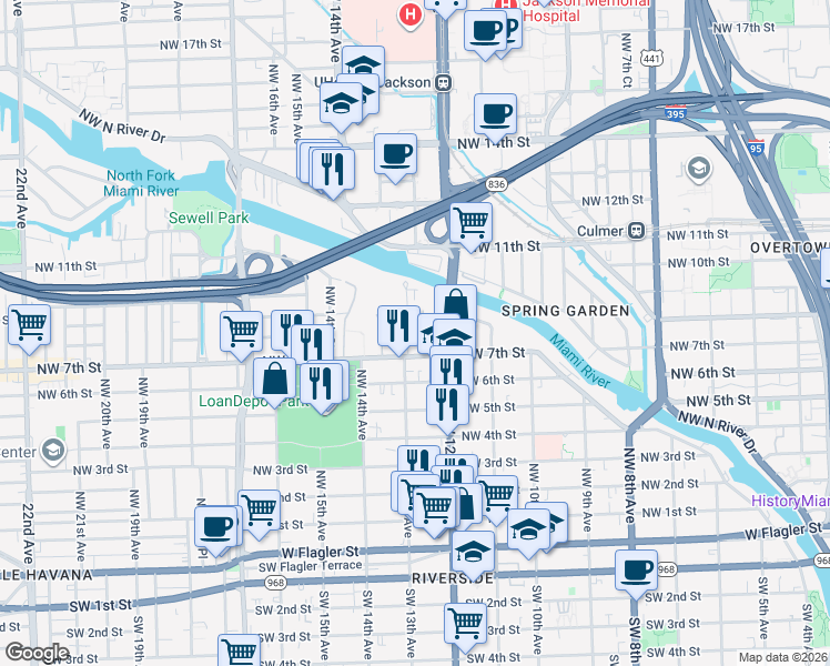 map of restaurants, bars, coffee shops, grocery stores, and more near 721 Northwest 12th Court in Miami