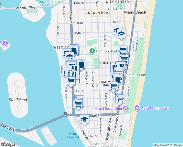 map of restaurants, bars, coffee shops, grocery stores, and more near 960 Jefferson Avenue in Miami Beach