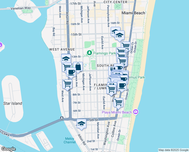 map of restaurants, bars, coffee shops, grocery stores, and more near 732 10th Street in Miami Beach
