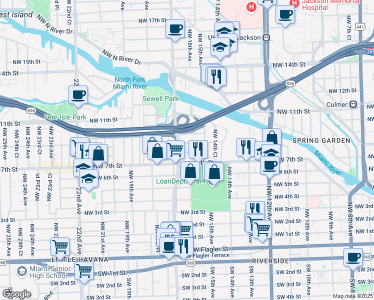 map of restaurants, bars, coffee shops, grocery stores, and more near 1610 Northwest 8th Street in Miami