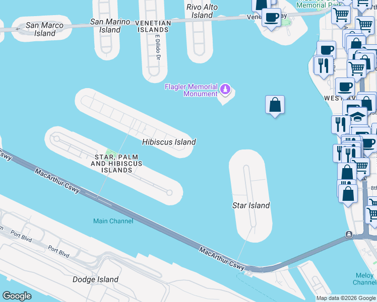 map of restaurants, bars, coffee shops, grocery stores, and more near 6 South Hibiscus Drive in Miami Beach