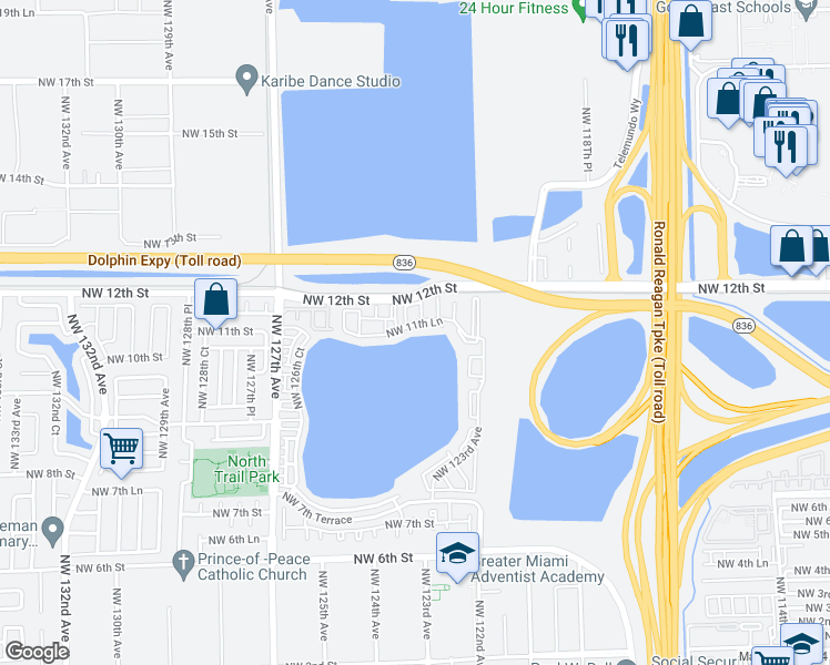 map of restaurants, bars, coffee shops, grocery stores, and more near 12436 Northwest 11th Lane in Miami