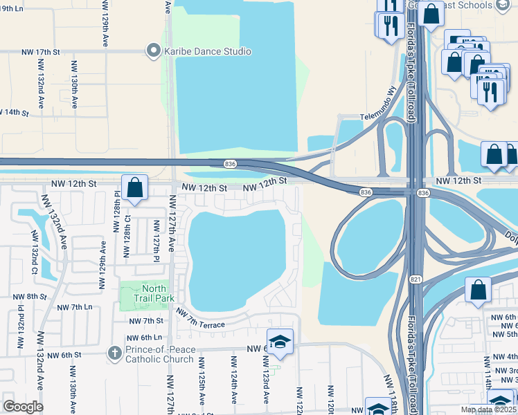 map of restaurants, bars, coffee shops, grocery stores, and more near 12436 Northwest 11th Lane in Miami