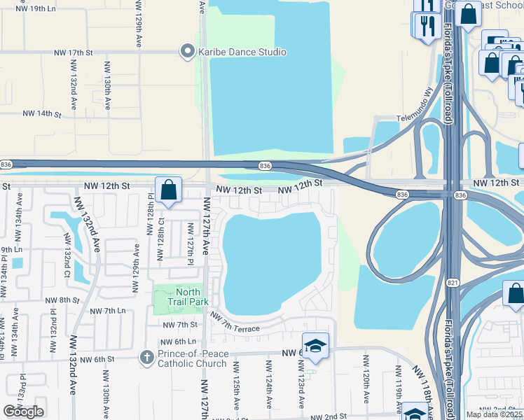 map of restaurants, bars, coffee shops, grocery stores, and more near 12539 Northwest 11th Lane in Miami