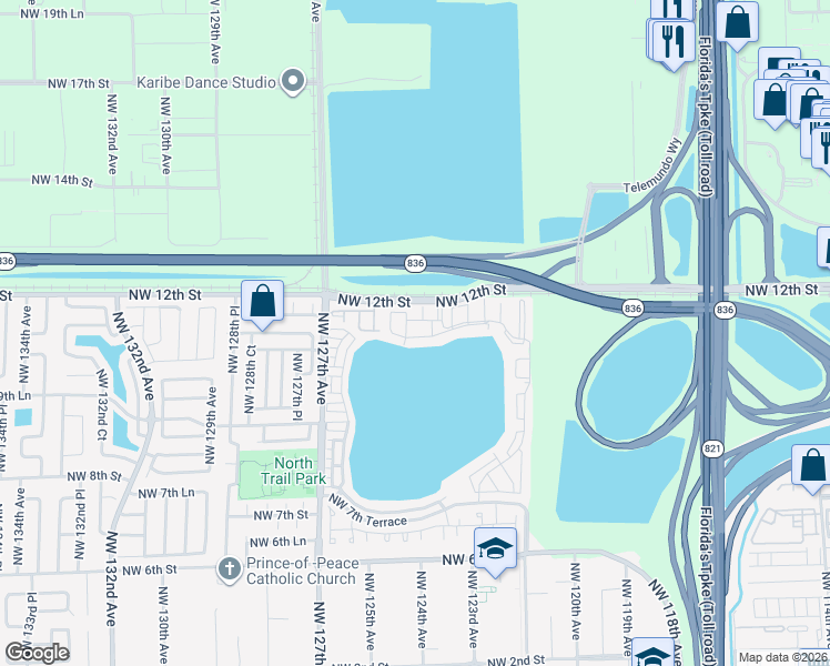map of restaurants, bars, coffee shops, grocery stores, and more near 12506 Northwest 11th Lane in Miami
