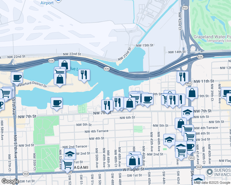 map of restaurants, bars, coffee shops, grocery stores, and more near 4805 Northwest 7th Street in Miami
