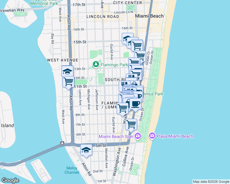 map of restaurants, bars, coffee shops, grocery stores, and more near 950 Pennsylvania Avenue in Miami Beach