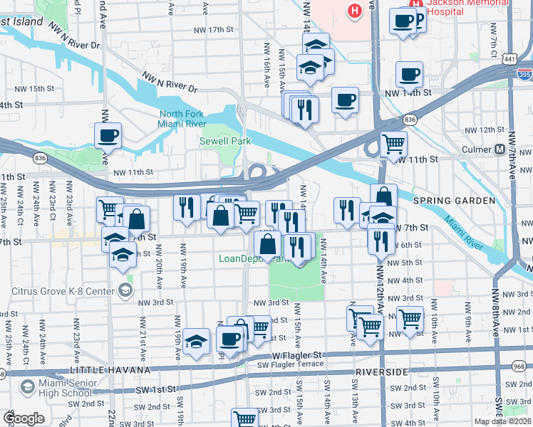 map of restaurants, bars, coffee shops, grocery stores, and more near 1610 Northwest 8th Street in Miami