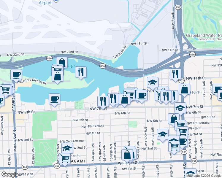 map of restaurants, bars, coffee shops, grocery stores, and more near 4805 Northwest 7th Street in Miami