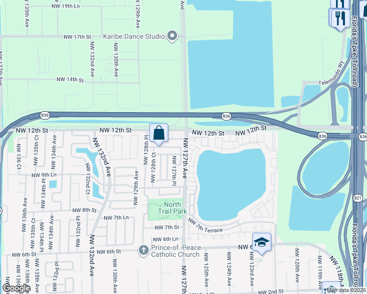 map of restaurants, bars, coffee shops, grocery stores, and more near 12725 Northwest 10th Lane in Miami