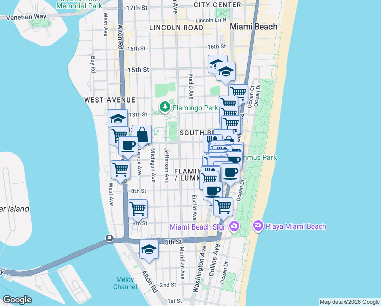 map of restaurants, bars, coffee shops, grocery stores, and more near 732 10th Street in Miami Beach