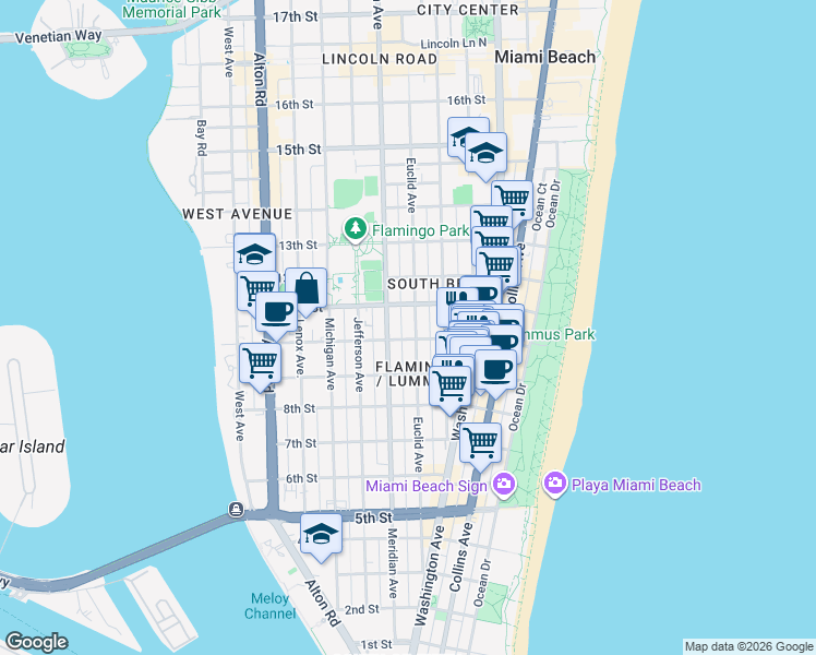 map of restaurants, bars, coffee shops, grocery stores, and more near 732 10th Street in Miami Beach