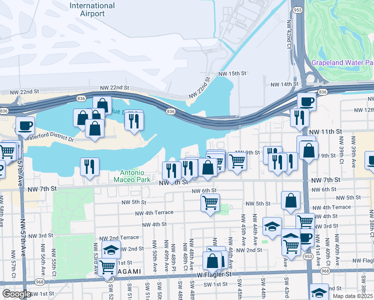 map of restaurants, bars, coffee shops, grocery stores, and more near 4805 Northwest 7th Street in Miami