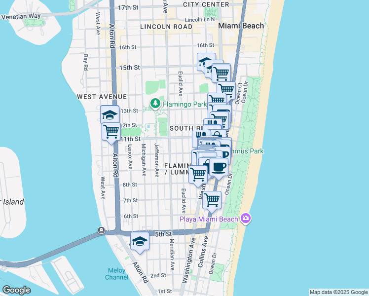 map of restaurants, bars, coffee shops, grocery stores, and more near 1035 Euclid Avenue in Miami Beach