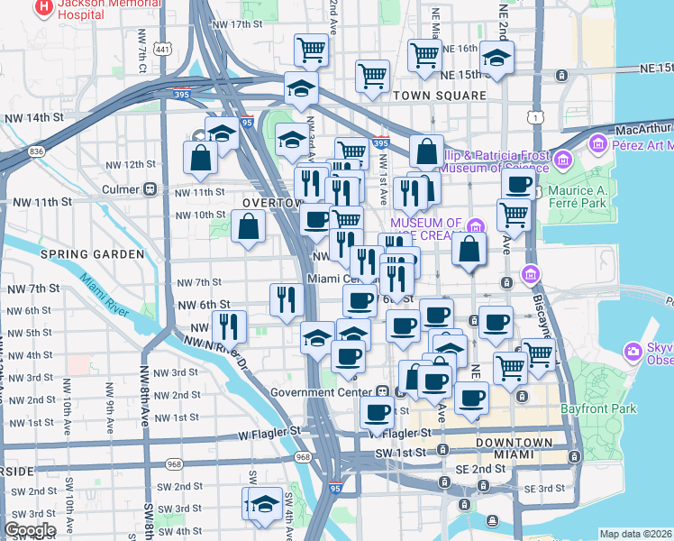 map of restaurants, bars, coffee shops, grocery stores, and more near 249 Northwest 6 Street in Miami