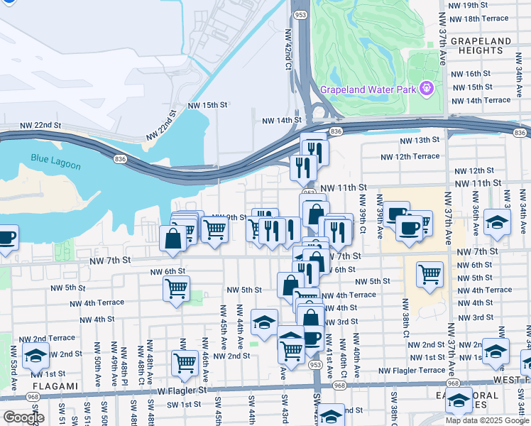 map of restaurants, bars, coffee shops, grocery stores, and more near 4351 Northwest 9th Street in Miami