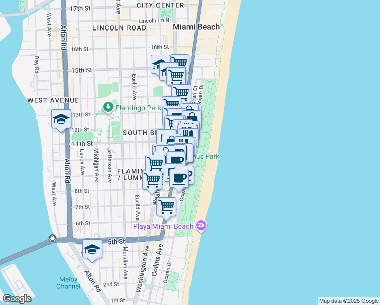 map of restaurants, bars, coffee shops, grocery stores, and more near in Miami Beach