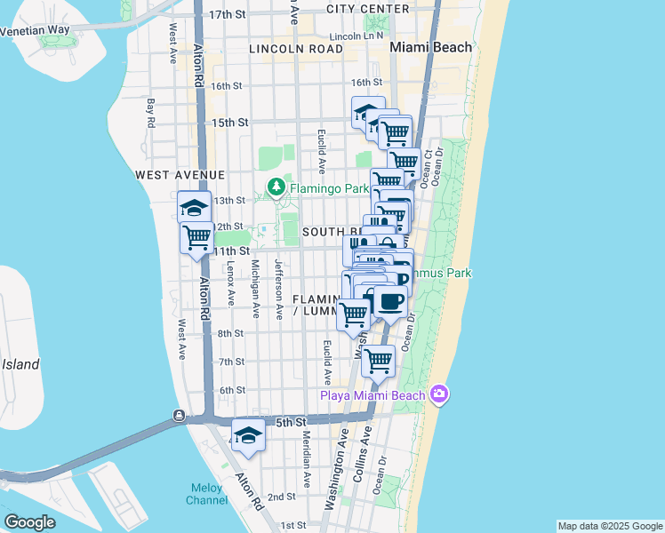 map of restaurants, bars, coffee shops, grocery stores, and more near 950 Pennsylvania Avenue in Miami Beach