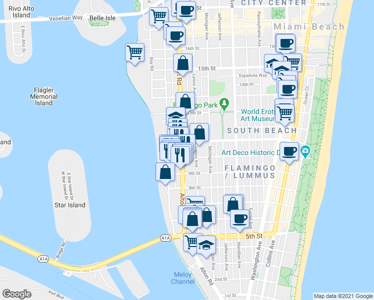map of restaurants, bars, coffee shops, grocery stores, and more near 1011 Alton Road in Miami Beach