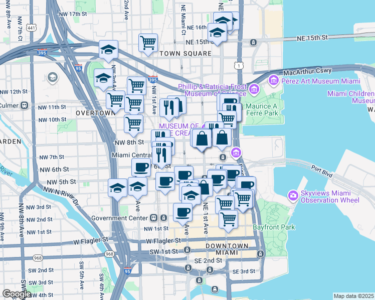 map of restaurants, bars, coffee shops, grocery stores, and more near 435 Northeast 1st Street in Miami