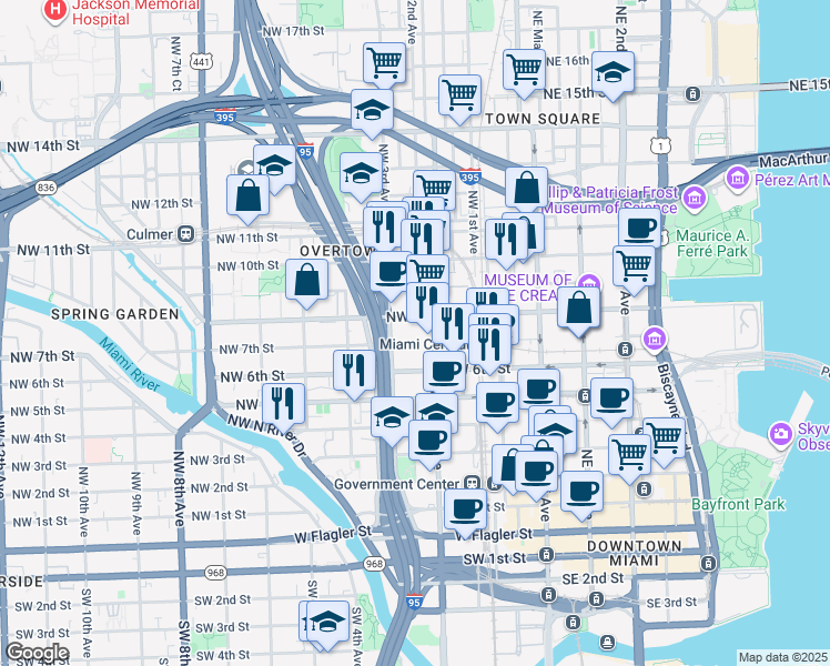 map of restaurants, bars, coffee shops, grocery stores, and more near 249 Northwest 6 Street in Miami