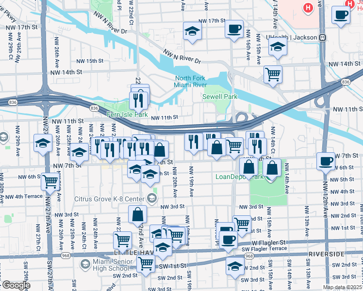 map of restaurants, bars, coffee shops, grocery stores, and more near 730 Northwest 19th Court in Miami