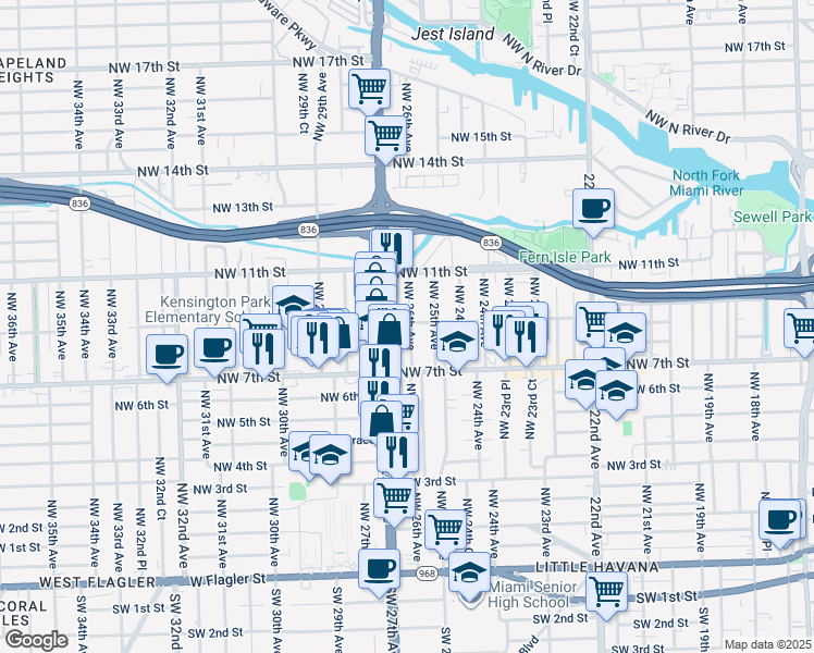 map of restaurants, bars, coffee shops, grocery stores, and more near 747 Northwest 26th Avenue in Miami
