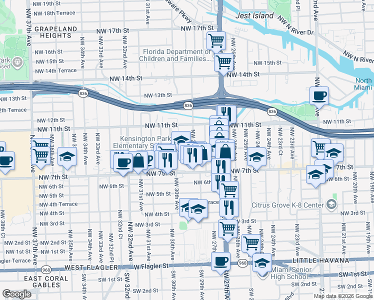 map of restaurants, bars, coffee shops, grocery stores, and more near 768 Northwest 29th Avenue in Miami